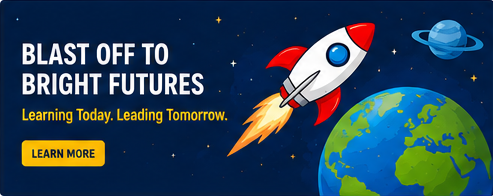 A diverse group of K-5 learners pointing skyward — Out Of This World Learning Academy K–5 microschool in Miami, Florida